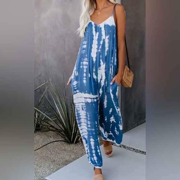 NIP Boho Tie Dye Print Cami V Neck Wide Leg Pocket Spaghetti Strap Jumpsuit S - Picture 3 of 13